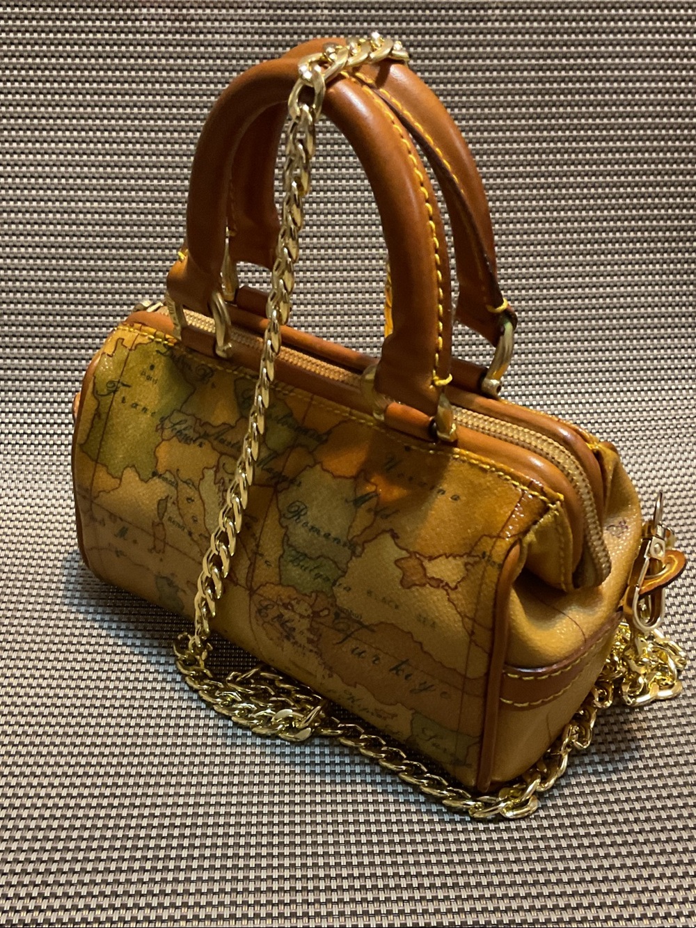Alviero Martini Tan and Gold Mini Map-Print Satchel crossbody